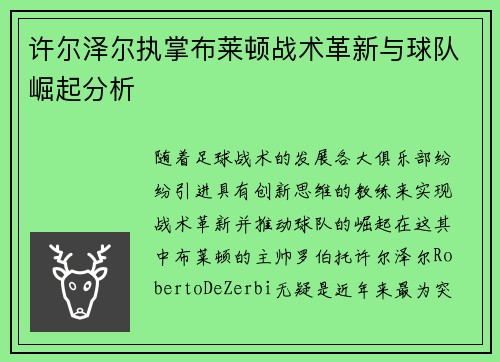 许尔泽尔执掌布莱顿战术革新与球队崛起分析