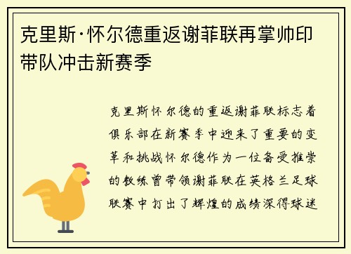 克里斯·怀尔德重返谢菲联再掌帅印带队冲击新赛季 克里斯·怀尔德重返谢菲联再掌帅印带队冲击新赛季